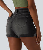 Short denim décontracté Halara Flex™ gainant taille haute ourlet roulotté avec poches