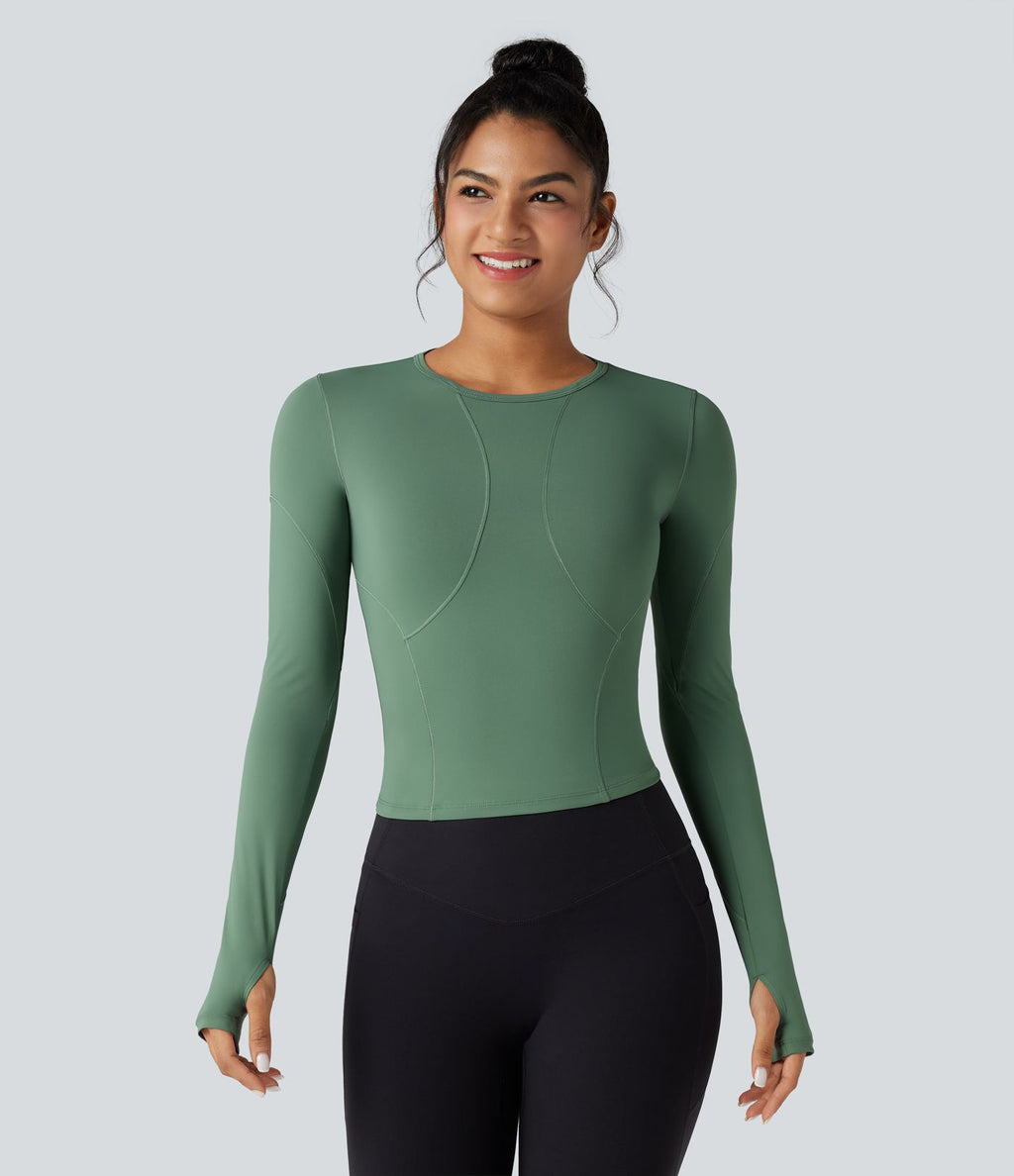 Top de sport yoga col rond manches longues avec trous pouces