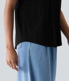 T-shirt décontracté col V manches courtes ourlet arrondi