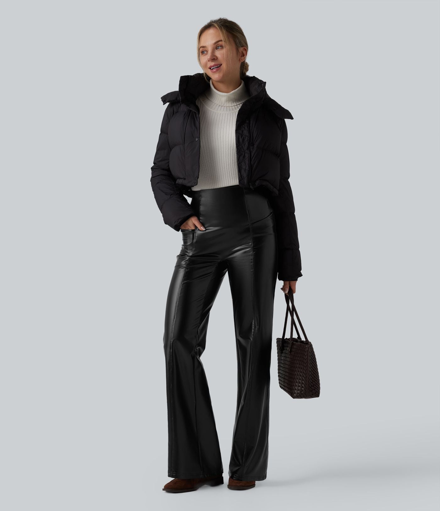 Pantalon similicuir évasé gainant taille haute stretch avec poches