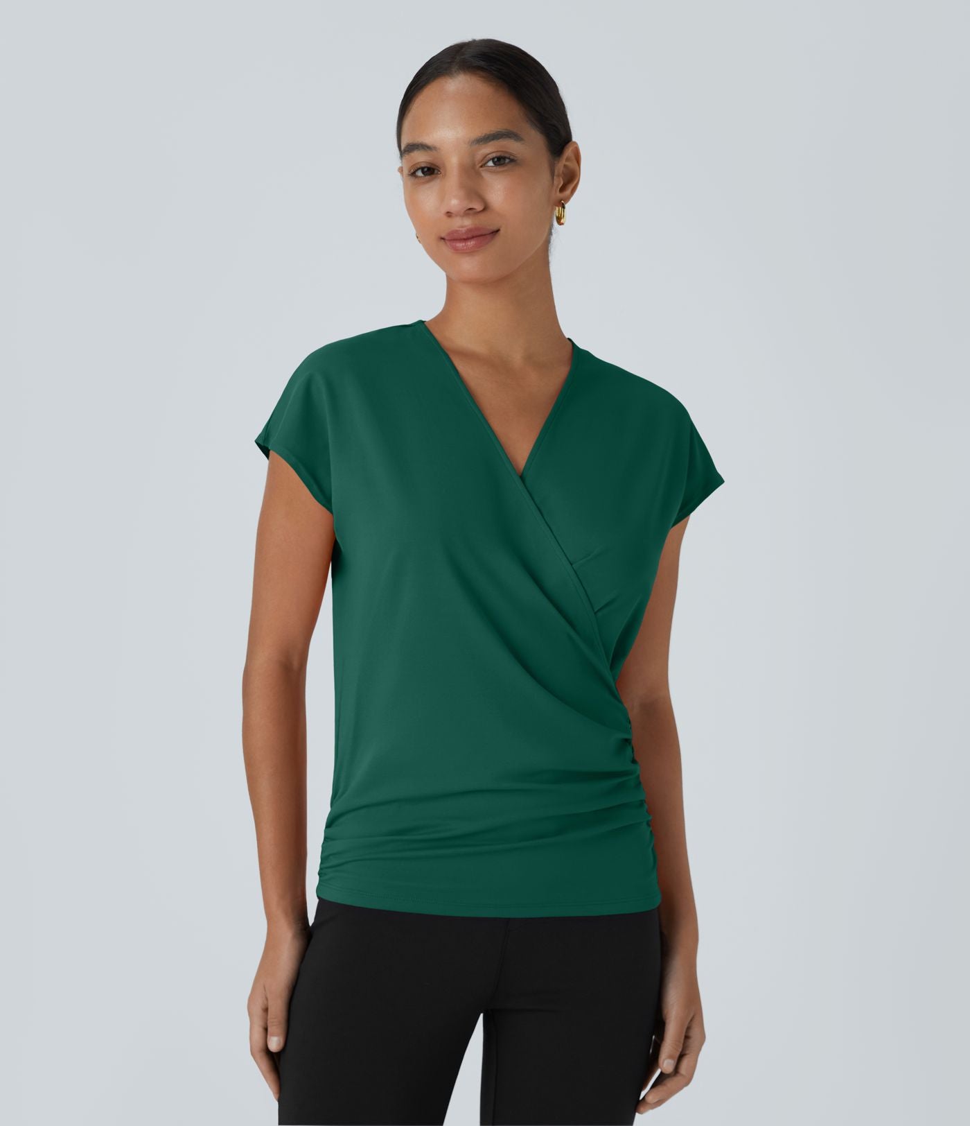 Blouse Travail Unie Froncée Croisée Manches Courtes Col en V