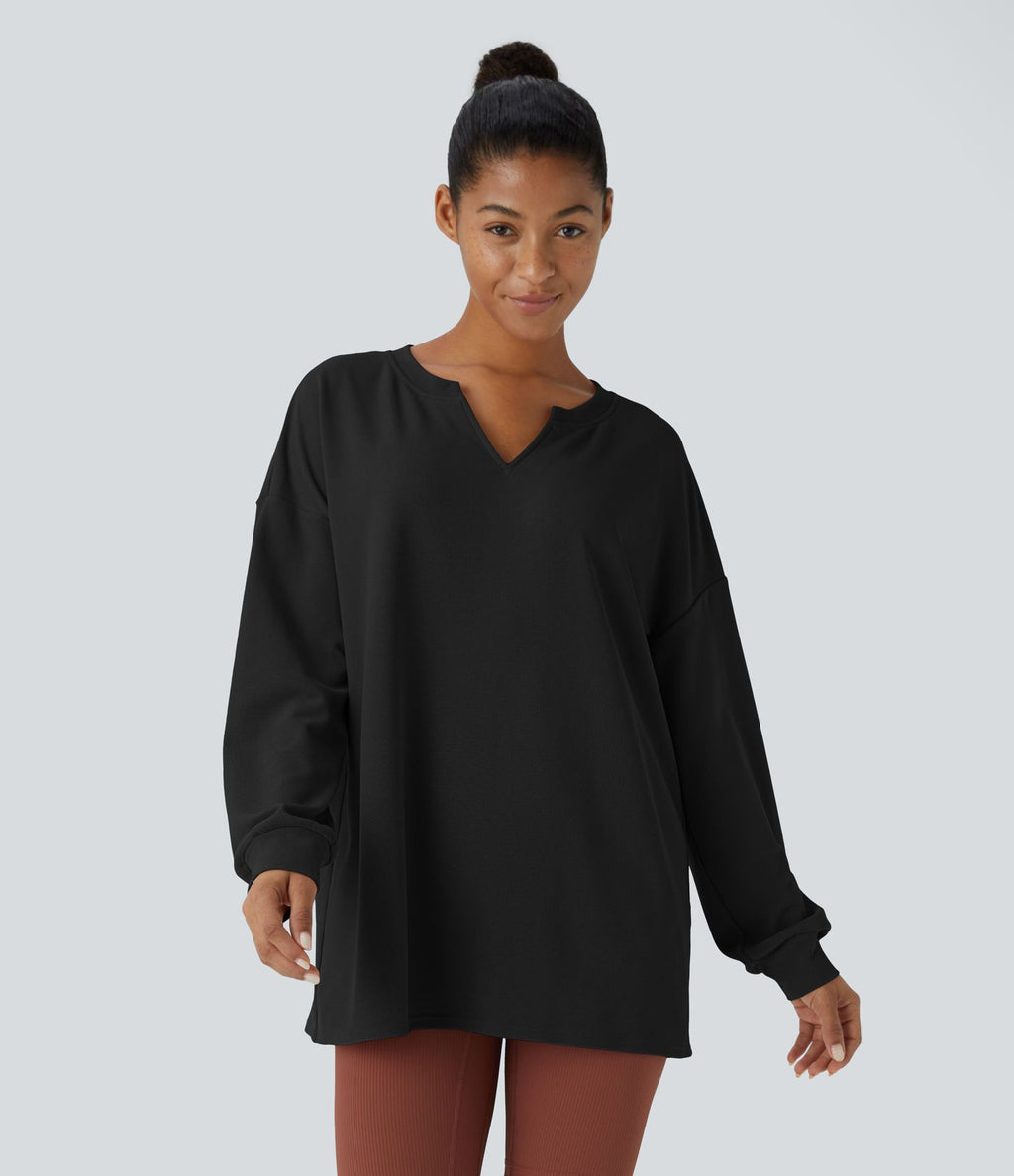 Sweat décontracté en tissu gaufré avec col en V et épaules tombantes