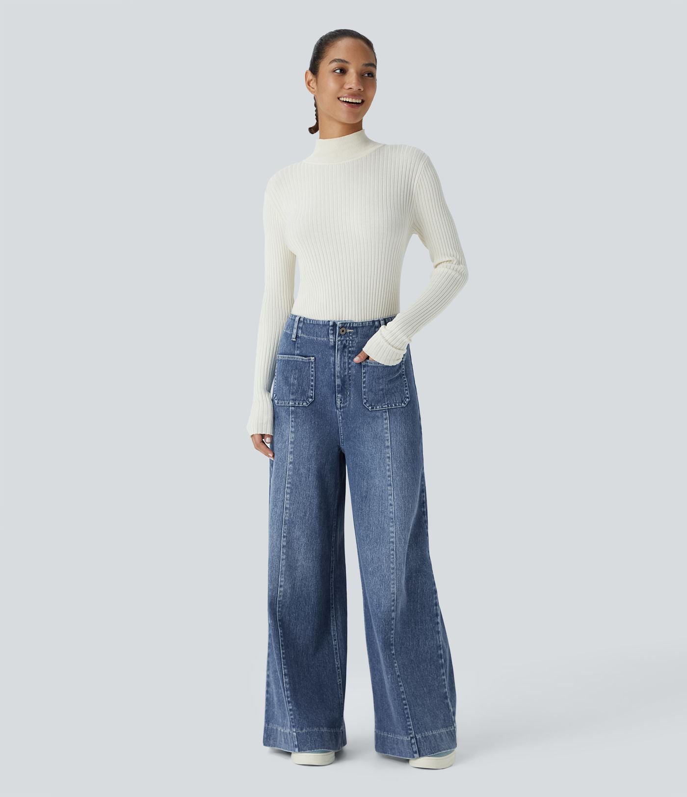 Halara Flex™ Jean large Palazzo et Taille Haute avec Poches Avant en Tricot Extensible Lavé