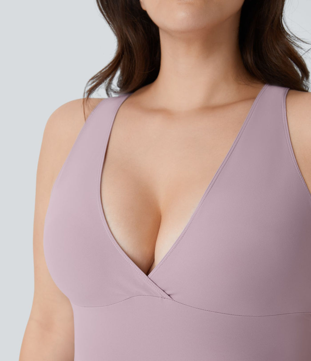 Robe Casual Grande Taille Mini 2-en-1 à Col en V Profond Dos Nu Dos Nageur Sans Manches avec Poches Latérales