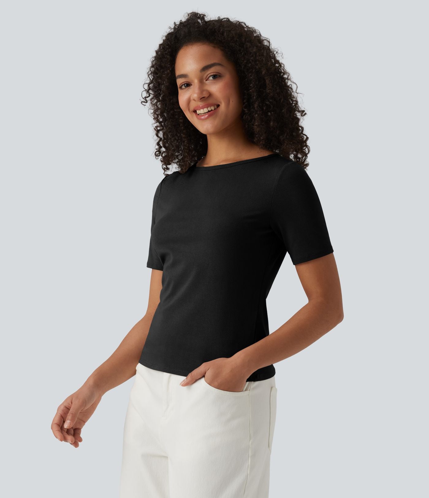 T-shirt casual manches courtes col bateau maille côtelée