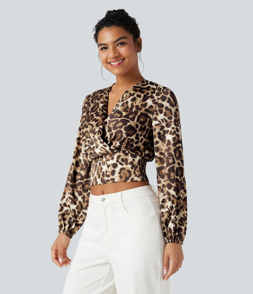 Blouse courte col V manches longues imprimé léopard