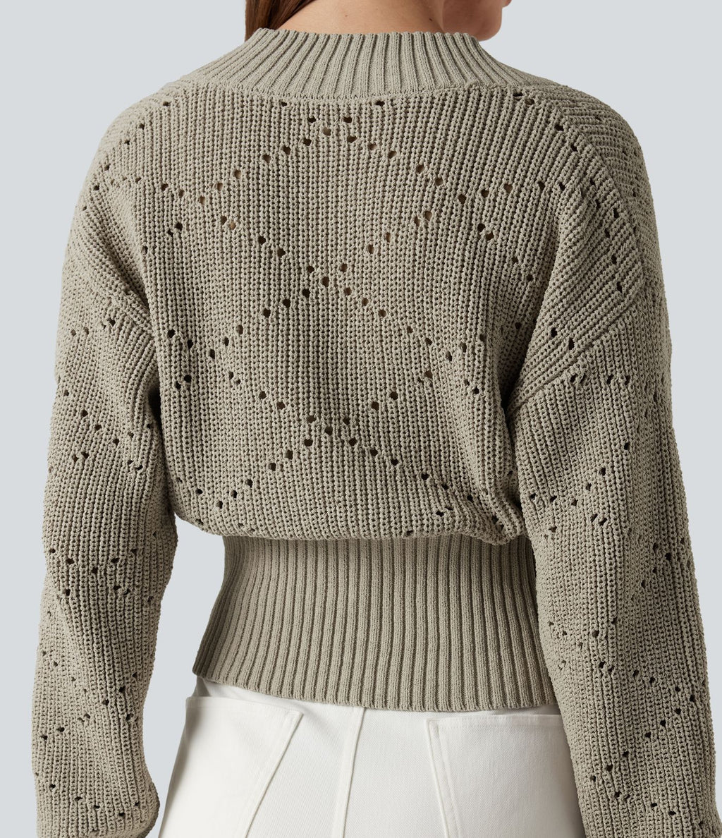 Pull tailleur col V ajouré manches longues