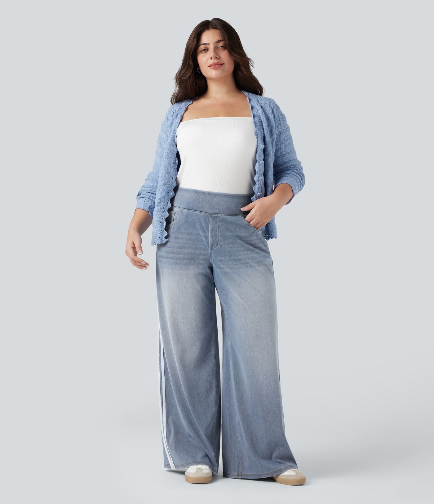Halara Flex™ Jean large fluide taille haute à rayures délavé décontracté grande taille avec poches