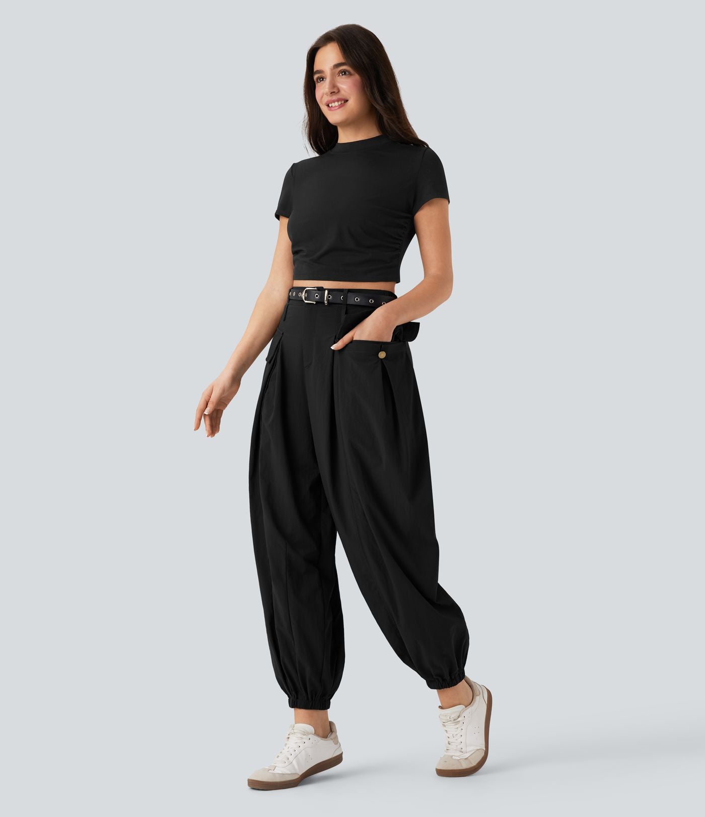 Jogging cargo décontracté taille haute avec poches à rabat