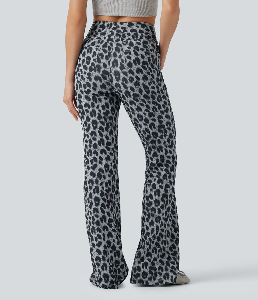 Pantalon flare taille haute en tissu gaufré imprimé léopard avec poches