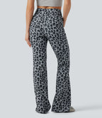 Pantalon flare taille haute en tissu gaufré imprimé léopard avec poches