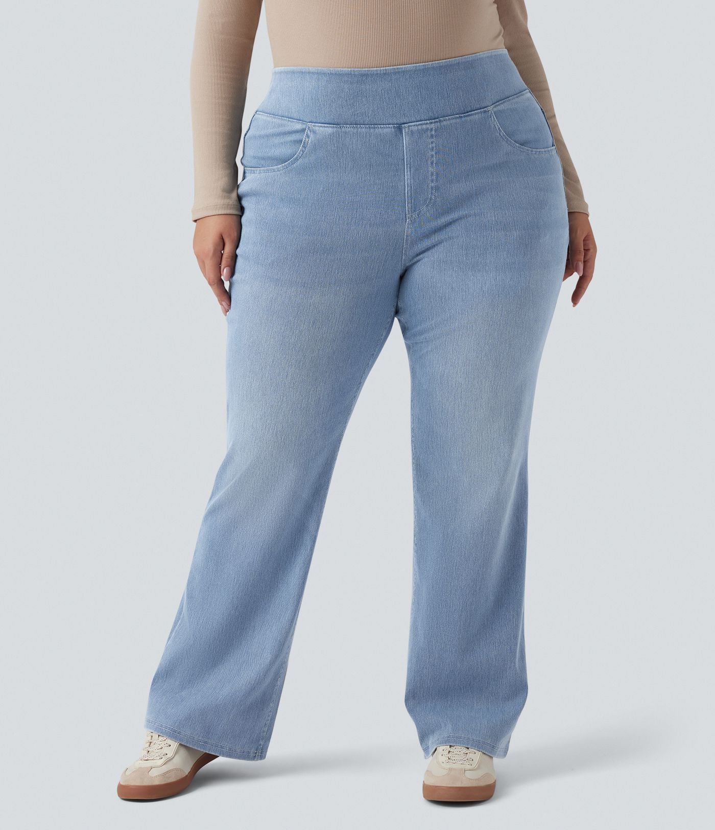 Jean décontracté Halara Flex™ grande taille bootcut taille haute en maille extensible délavée avec multiples poches