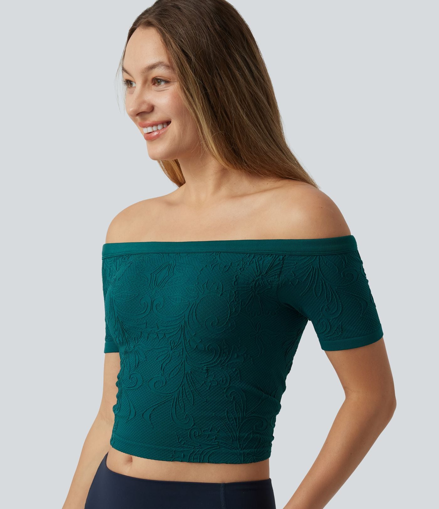 OneForm Seamless Flow Haut de sport de yoga raccourci sans couture épaules dénudées à manches courtes, avec soutien-gorge intégré