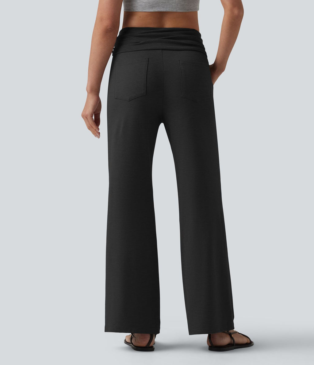 Pantalon casual évasé chiné taille mi-haute à ceinture rabattable, fronces et cordon de serrage avec poches