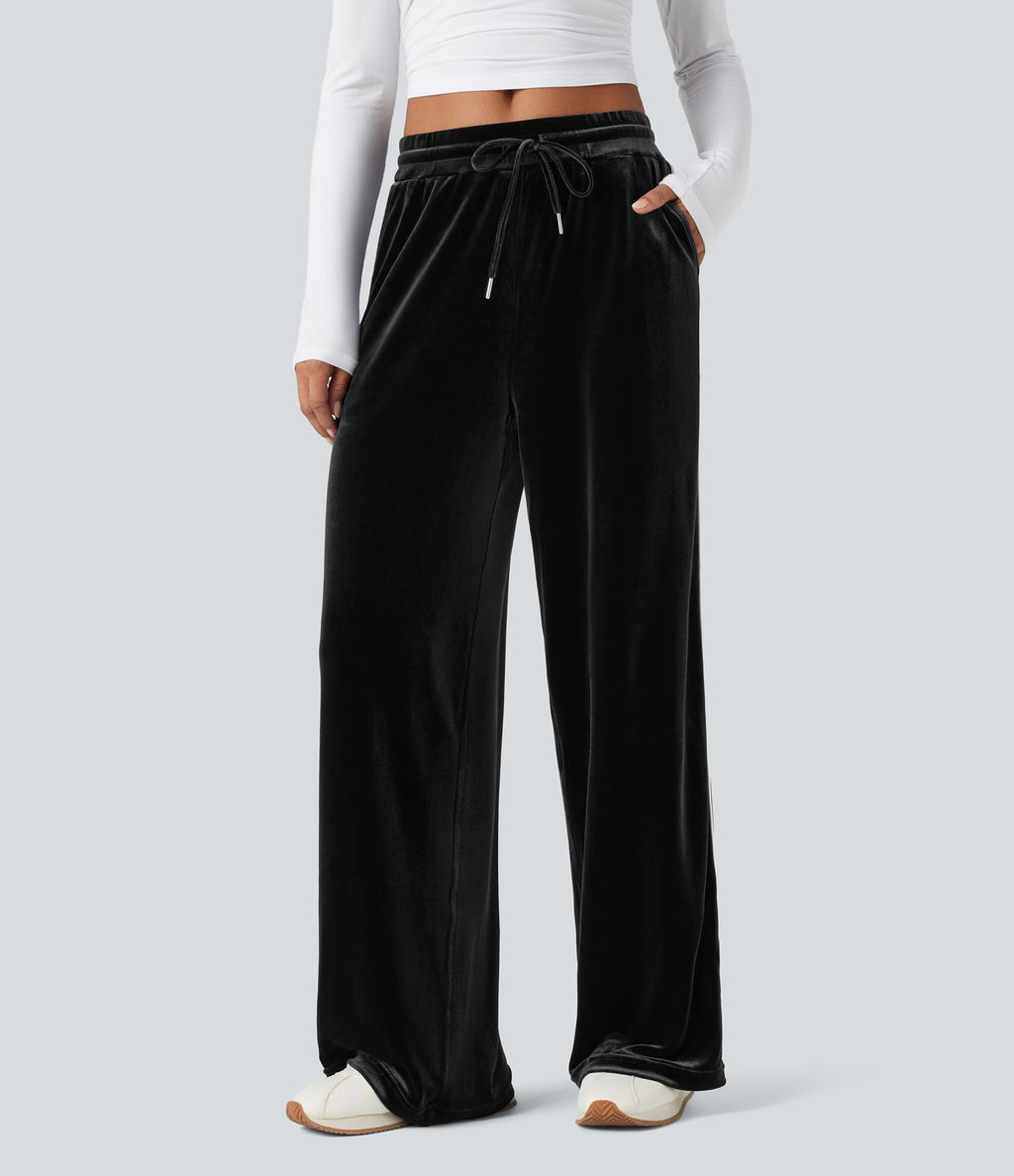 Pantalon décontracté droit en velours, taille mi-haute, avec cordon et poches