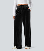 Pantalon décontracté droit en velours, taille mi-haute, avec cordon et poches