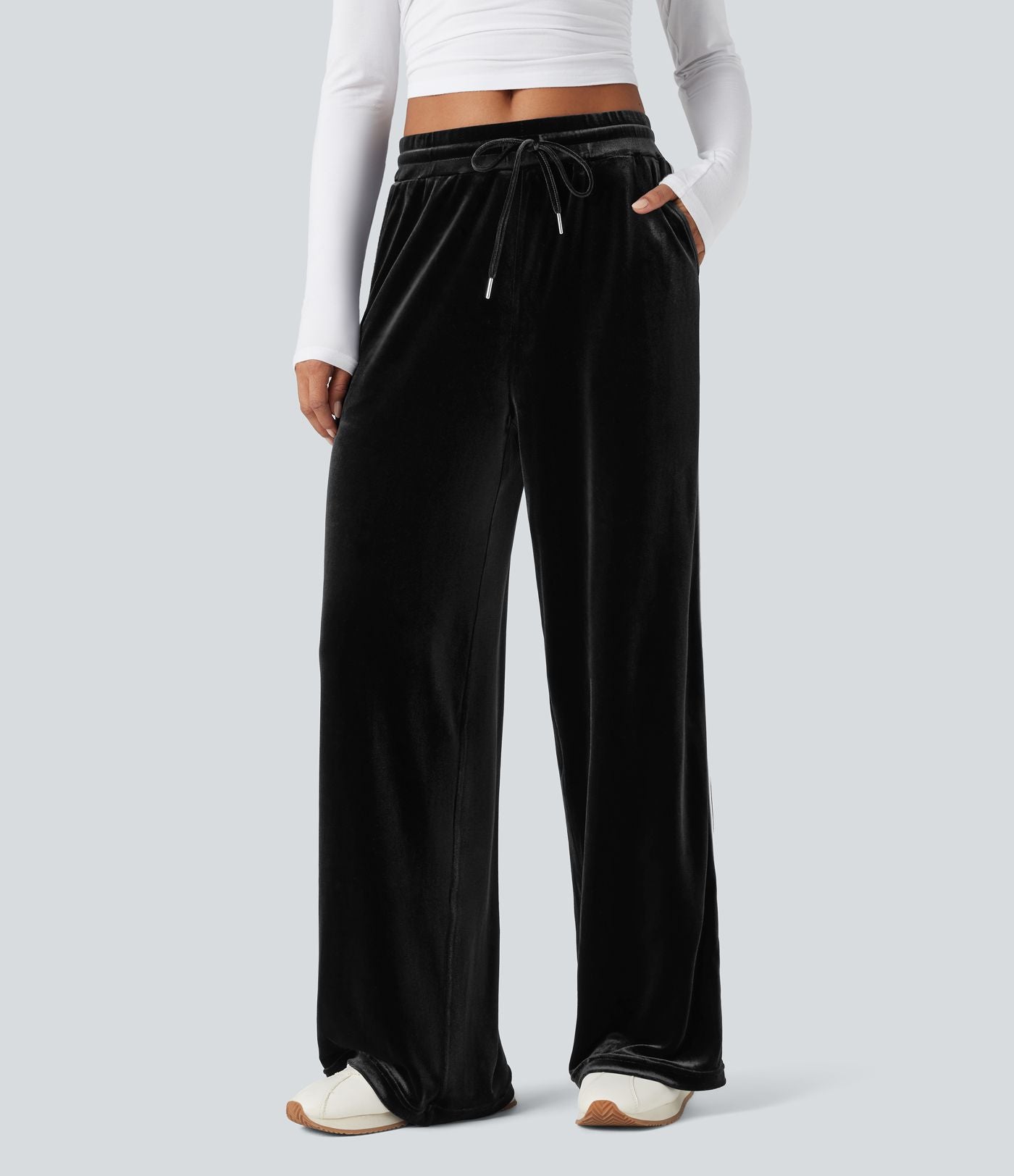 Pantalon décontracté droit en velours, taille mi-haute, avec cordon et poches