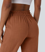 Pantalon capri effet lin taille haute avec poches zippées