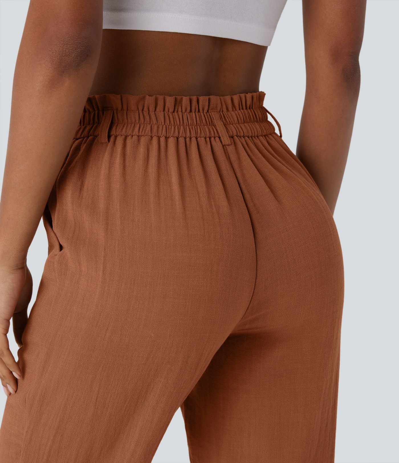 Pantalon capri effet lin taille haute avec poches zippées