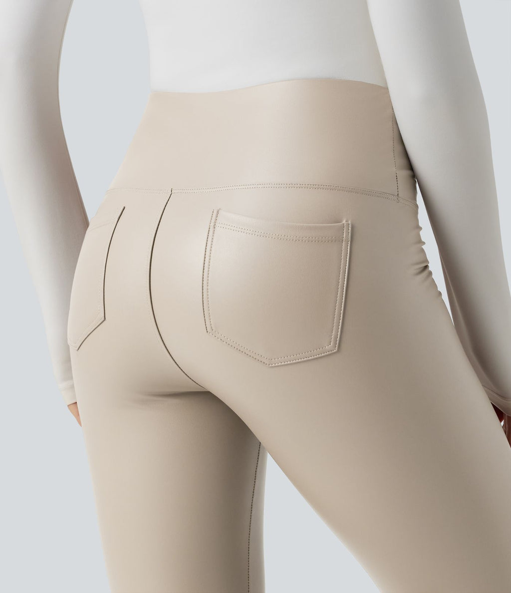 Pantalon 7/8 moulant décontracté polaire gainant taille haute extensible effet cuir avec poches