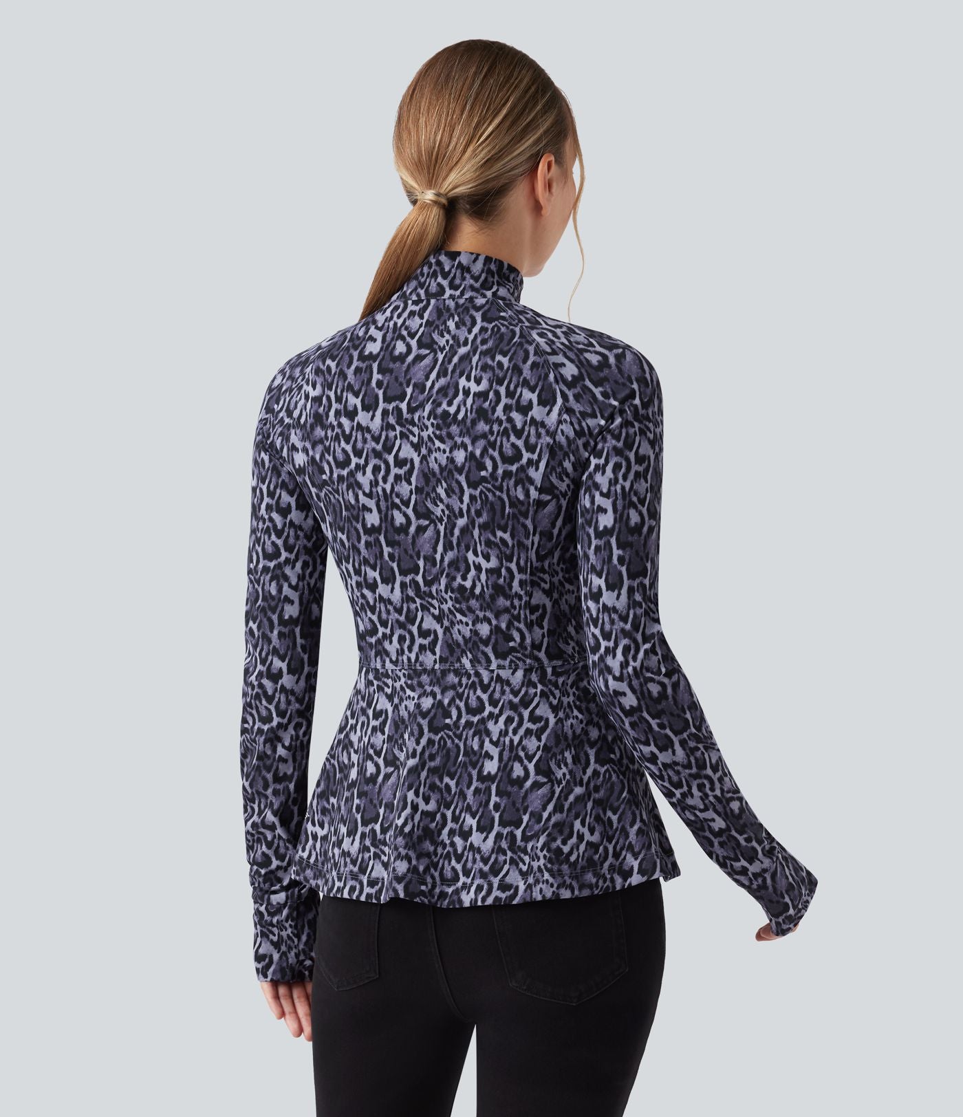 Veste décontractée Halara UltraSculpt™ imprimé léopard col montant manches longues avec trous pour pouces et poches