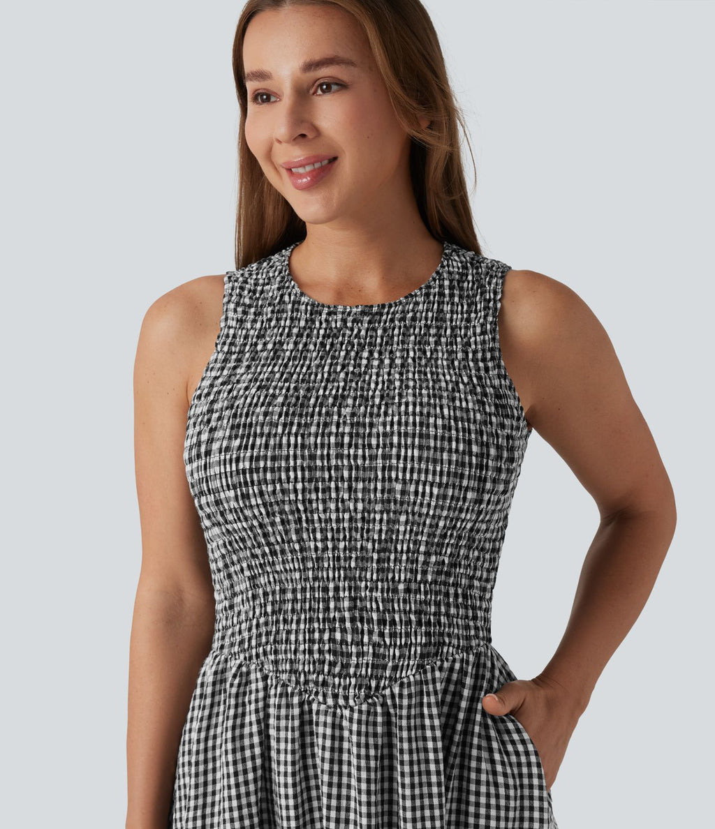 Robe midi fluide casual col rond sans manches à smocks et carreaux aspect lin avec poches
