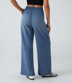 Halara Flex™ Jean Casual Large à Taille Haute avec Poches Latérales et Plis en Maille Extensible