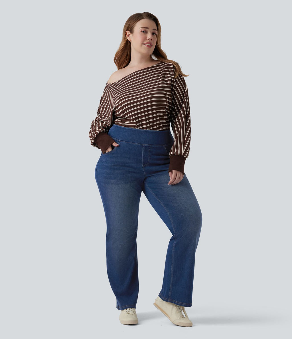 Jean décontracté Halara Flex™ grande taille bootcut taille haute en maille extensible délavée avec multiples poches