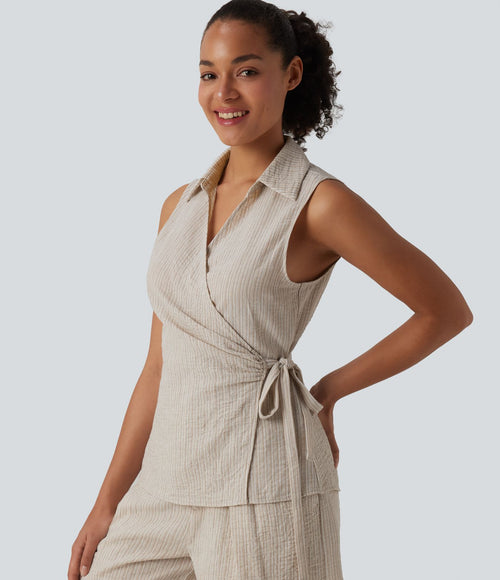 Chemise décontractée aspect lin sans manches col cache-cœur avec lien latéral