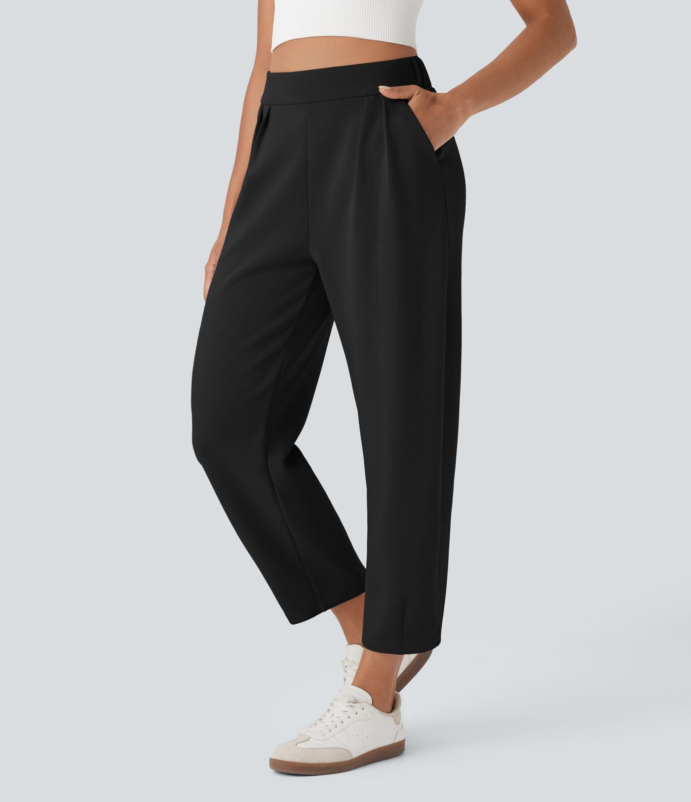 Pantalon décontracté taille haute coupe tonneau avec poches