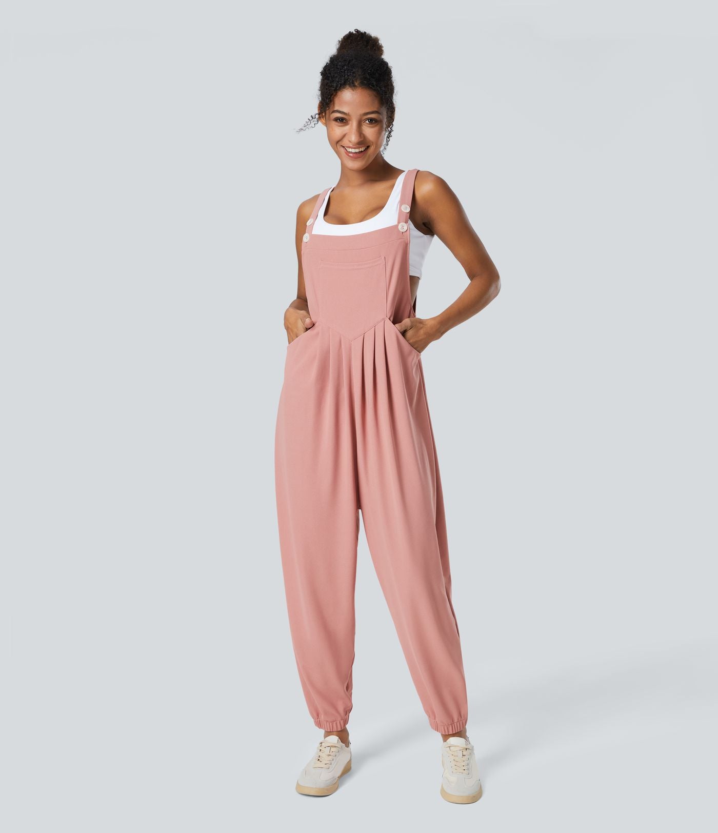Salopette Casual Bretelles Ajustables Boutonnés Multiples Poches Plis et Tissu Gaufré