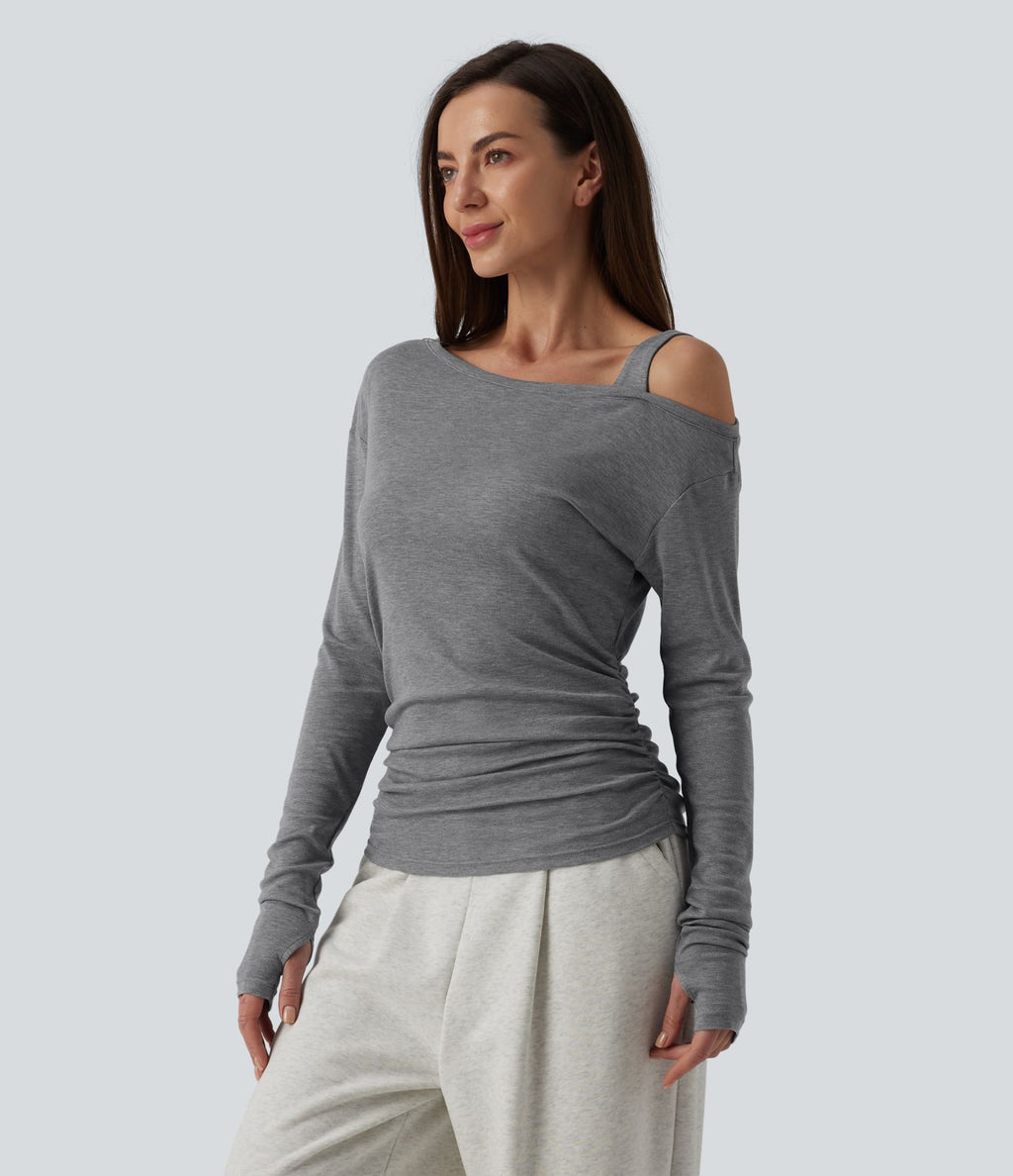 T-shirt décontracté asymétrique en mélange de laine à une épaule et manches longues