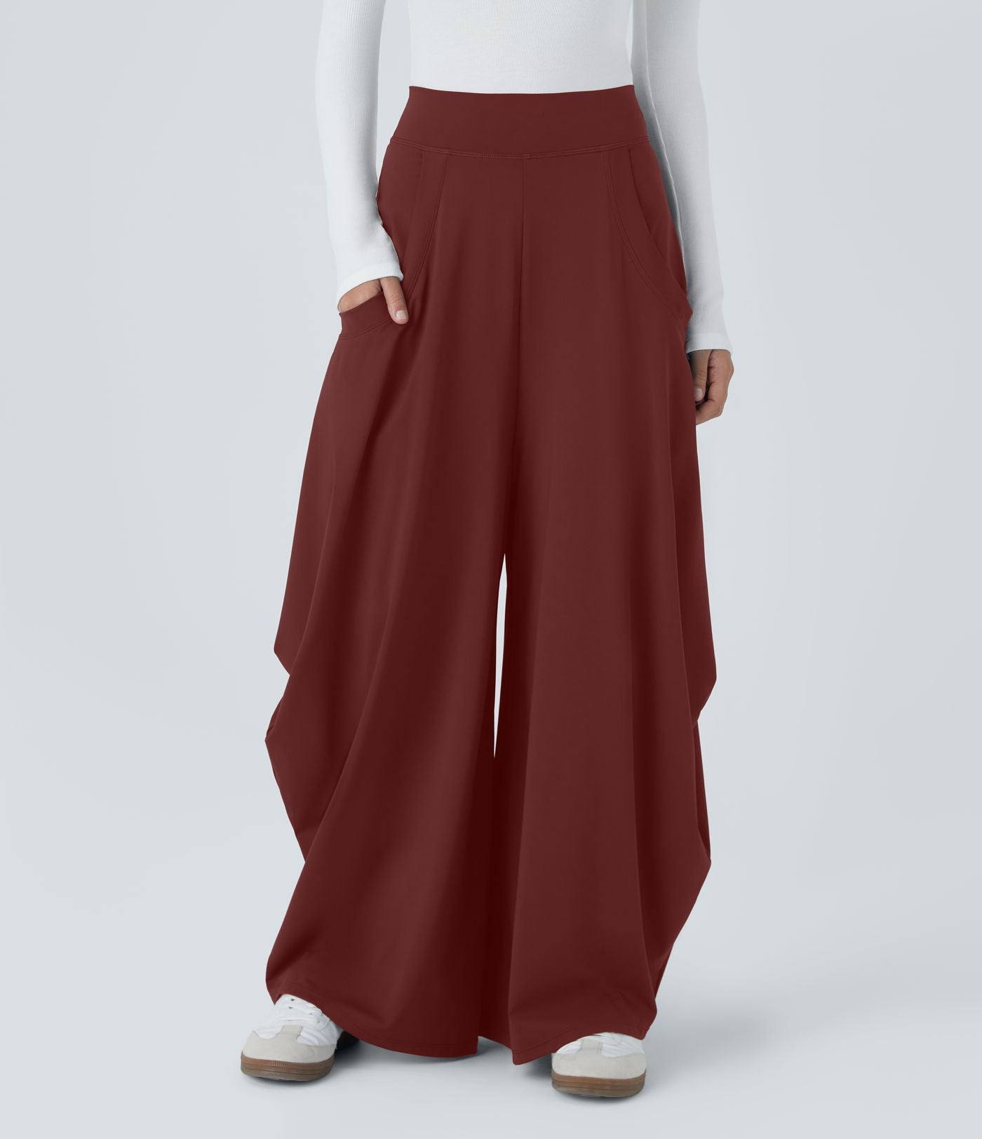 Pantalon décontracté drapé à poches multiples et taille moyenne, jambe large