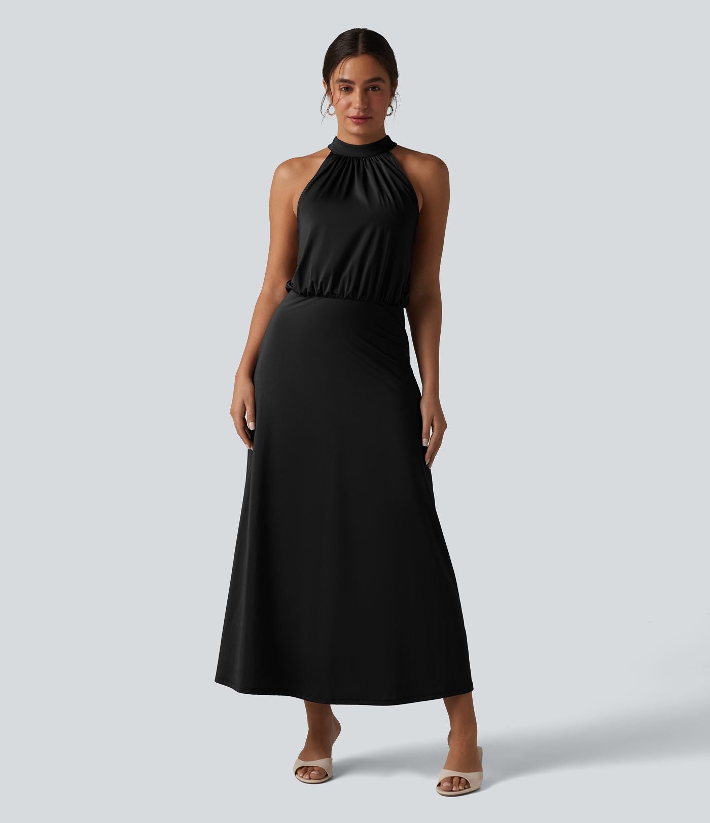 Robe midi col cheminée sans manches dos découpé extensible aspect satiné effet frais InstantCool
