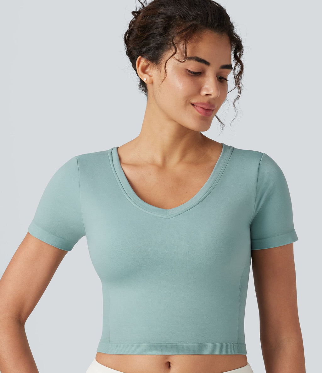 Haut de yoga court OneForm Seamless Flow col V à manches courtes avec brassière intégrée