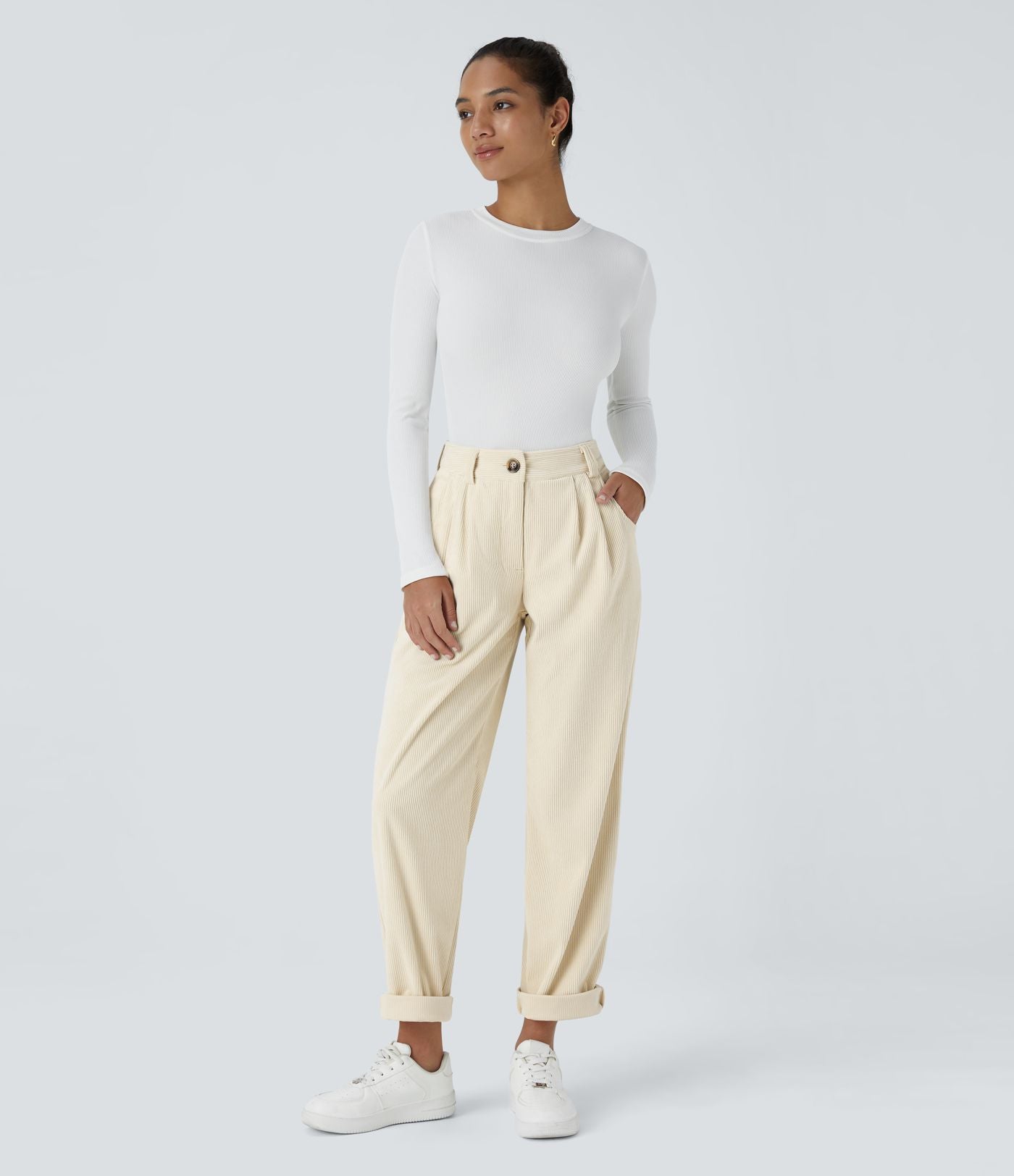 Pantalon en velours côtelé décontracté taille moyenne avec poches latérales