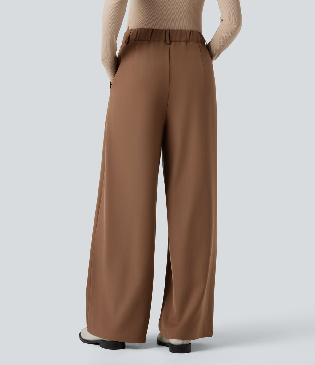 Pantalon tailleur large, taille haute, à poches