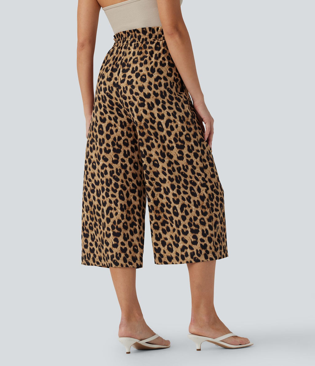 Pantalon corsaire décontracté taille haute jambes larges à imprimé léopard avec cordon de serrage et poches latérales