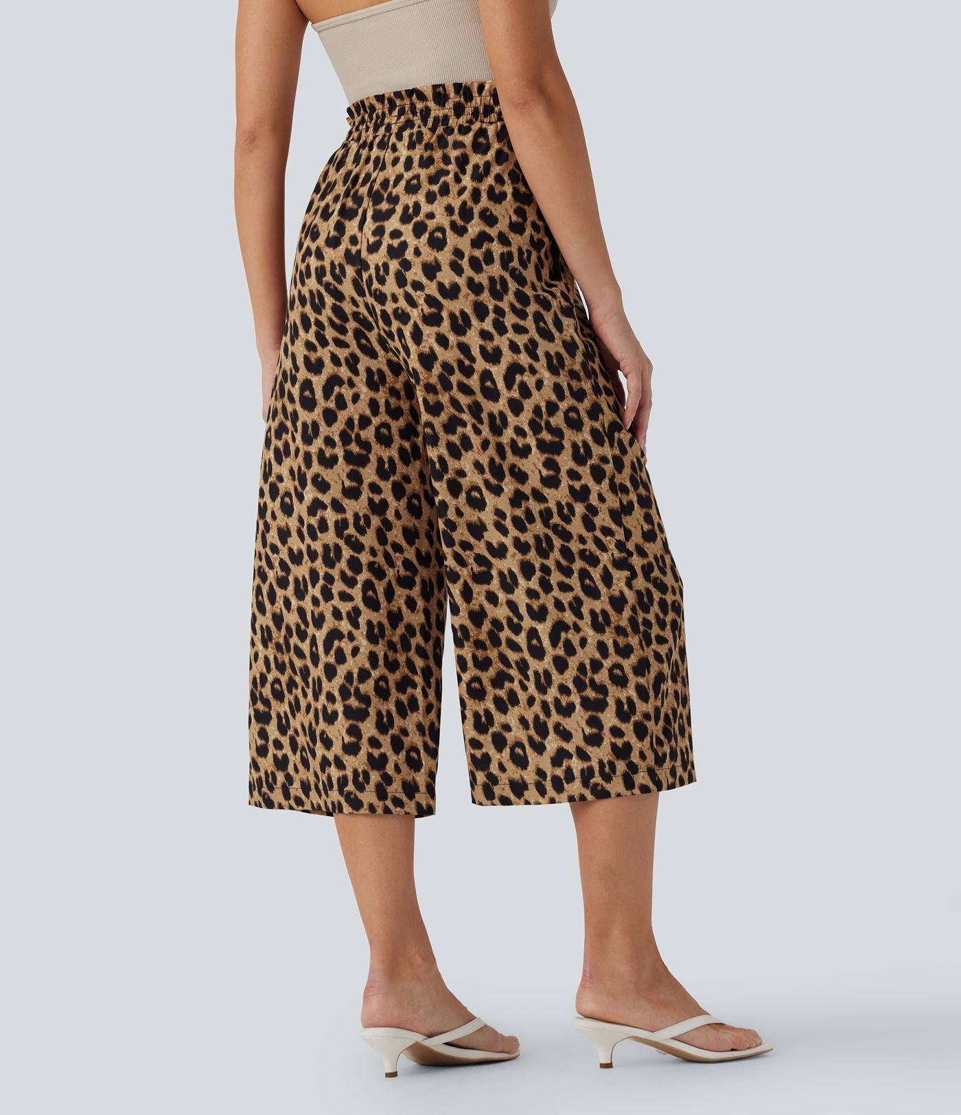 Pantalon corsaire décontracté taille haute jambes larges à imprimé léopard avec cordon de serrage et poches latérales