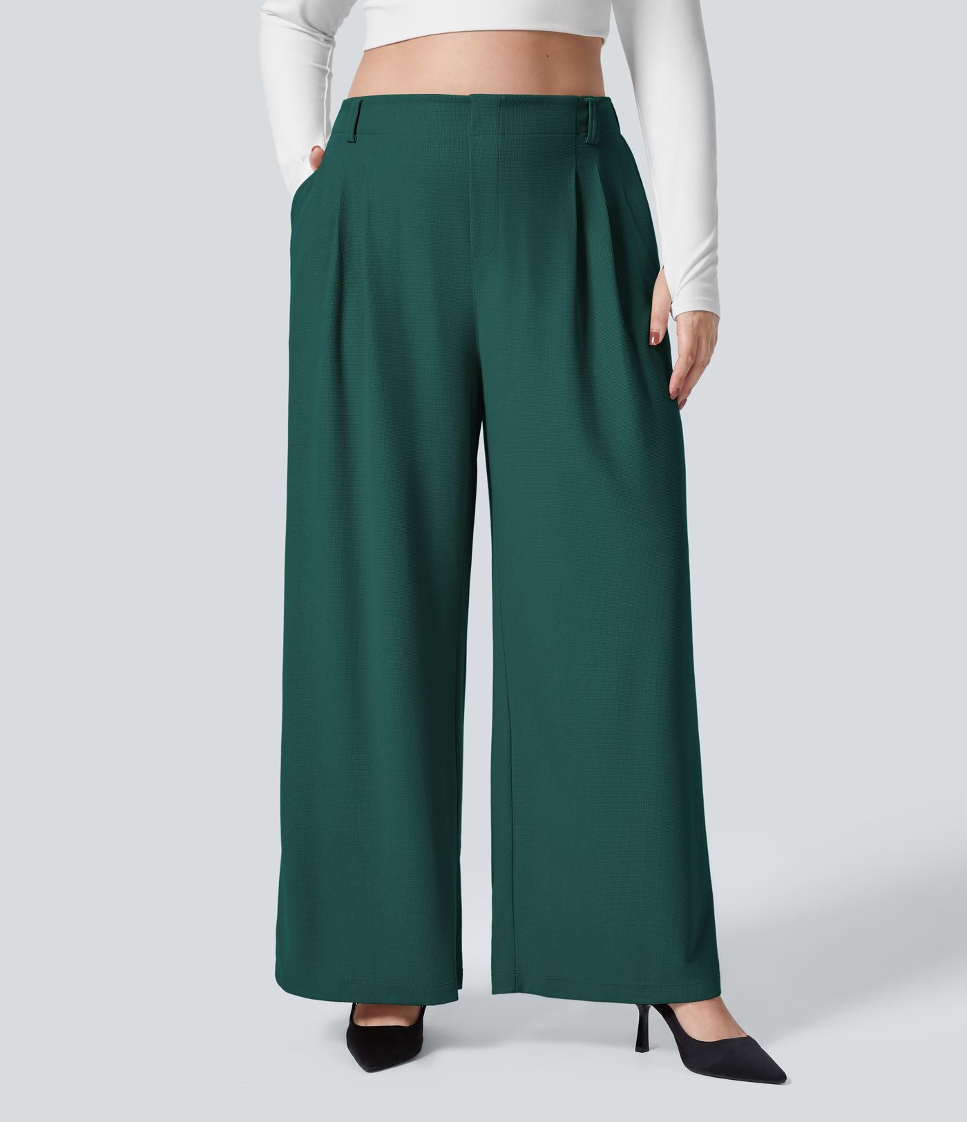 Halara Flex™ Pantalon tailleur Grande taille à Taille Haute, Poches Latérales Plissées, Jambes Larges, en Tissu Gaufré