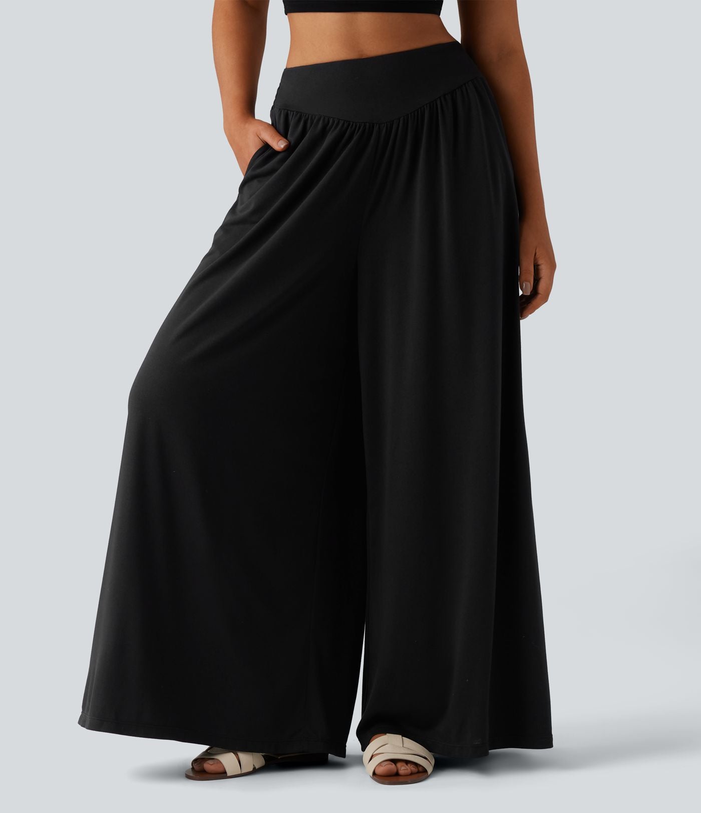 Pantalon fluide taille haute à fronces avec poches
