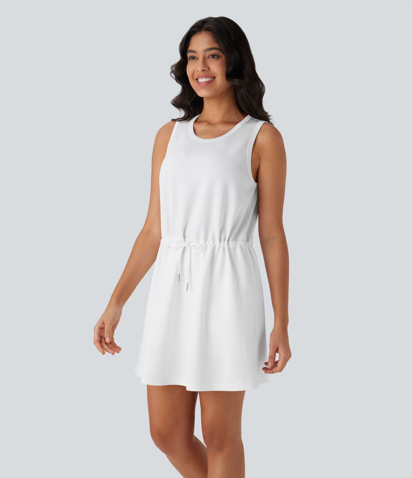Robe active de yoga mini 2 pièces à col rond, sans manches, cordon de serrage et poches latérales