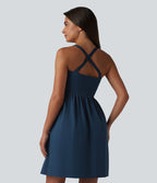 OneForm Seamless Flow Robe casual mini froncée sans couture à décolleté plongeant en V sans manches avec brassière intégrée