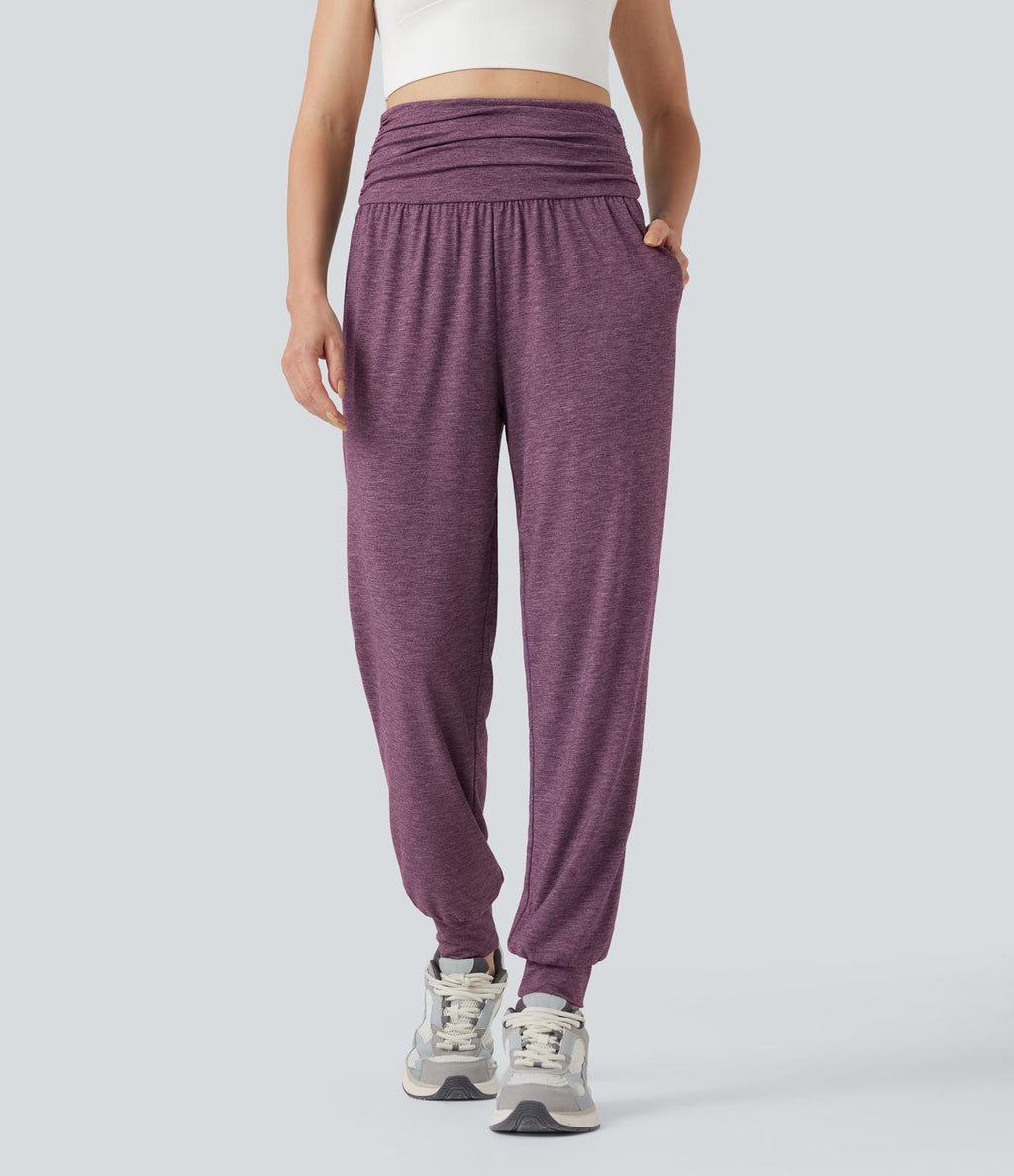 Jogging taille haute froncé chiné avec poches