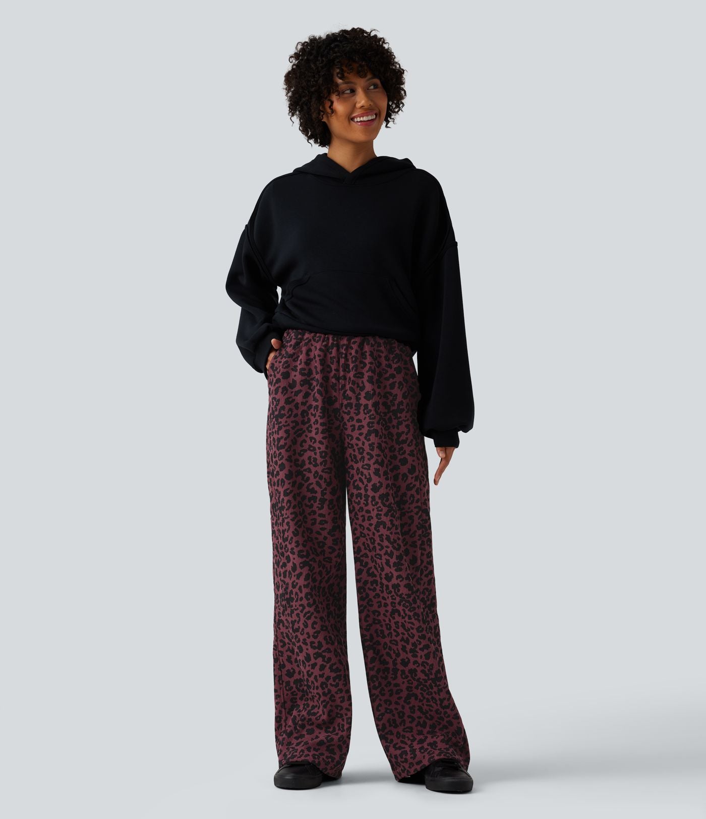Pantalon léopard velours côtelé imprimé coupe droite mop taille haute avec poches