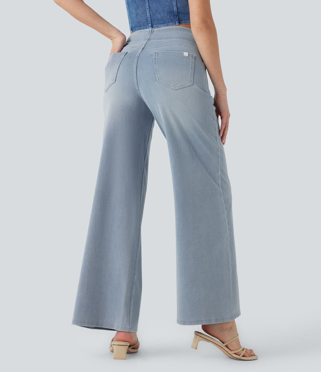 Halara Flex™ Jean Large Casual Taille Haute Poches Multiples Tricot Extensible Délavé