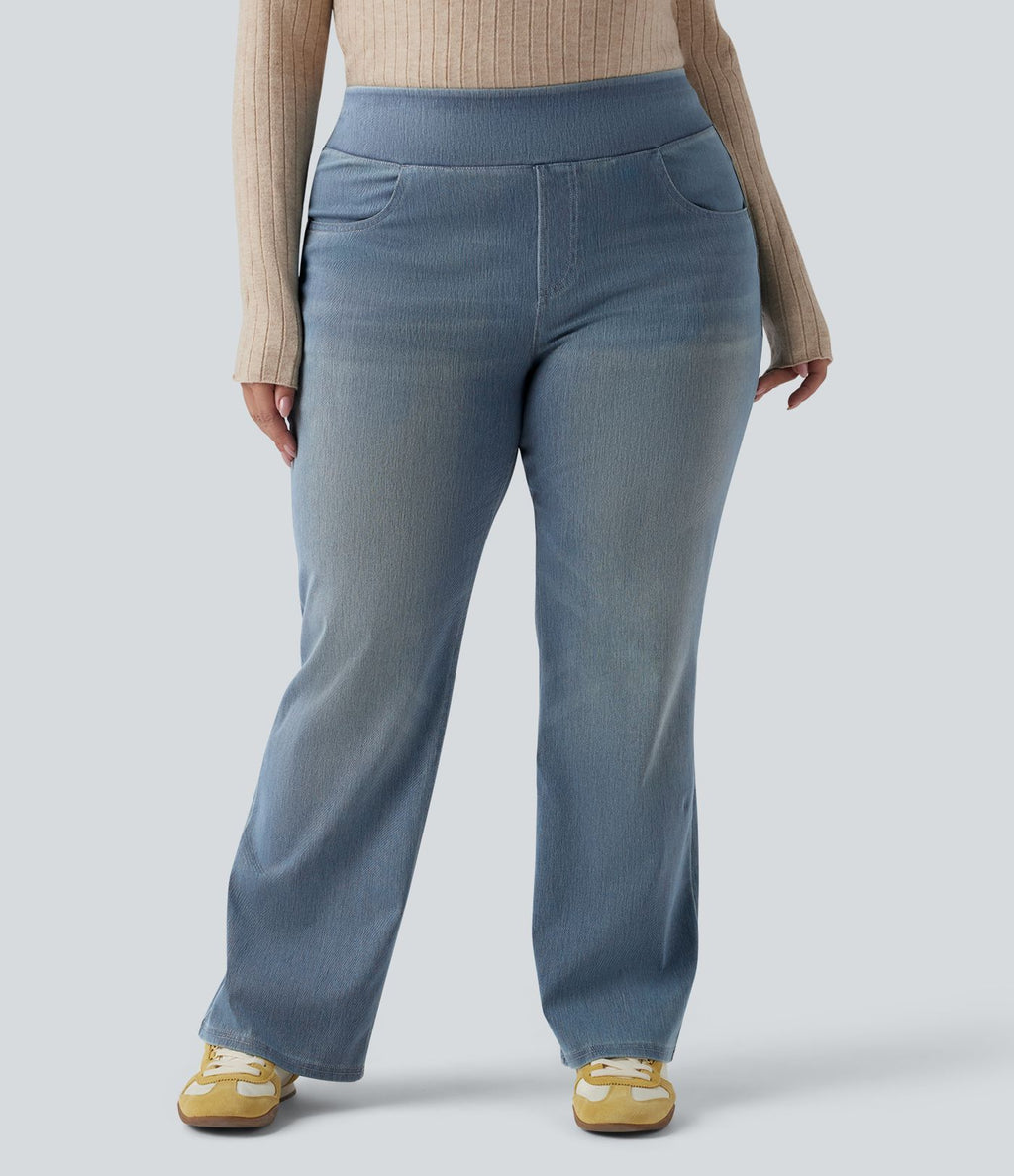 Jean décontracté Halara Flex™ grande taille bootcut taille haute en maille extensible délavée avec multiples poches