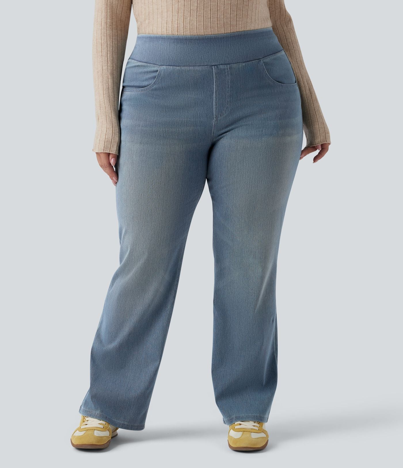 Jean décontracté Halara Flex™ grande taille bootcut taille haute en maille extensible délavée avec multiples poches