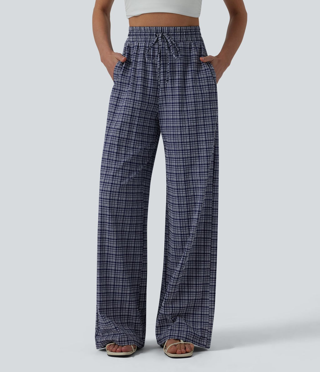 Pantalon large casual taille haute carreaux froissés à séchage rapide avec cordon de serrage et poches zippées