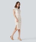 Robe habillée asymétrique col bénitier manches courtes froncée avec ourlet fendu